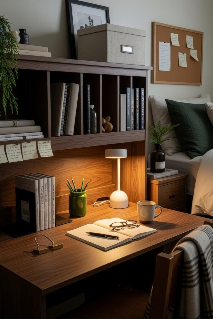 Dorm desk organization ideas for a chic glow-up 4 Minimalist dorm study nook with a wooden desk and shelving, books neatly arranged, a glowing lamp, and a cozy bed nearby.