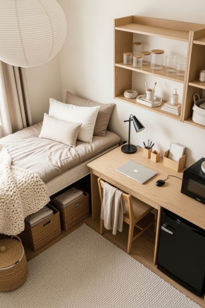 Dorm Room Ideas for Guys That Feel Grown 4 Bright neutral dorm room featuring a beige bed with cozy knit blanket, organized shelves above a light wood desk, and woven baskets for storage underneath.