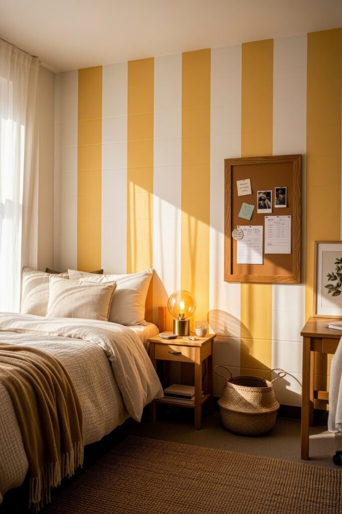 Trend-Forward dorm wall décor Ideas 5 Sunlit dorm bedroom featuring yellow and white striped dorm wall décor, soft neutral bedding, and a corkboard filled with pinned notes and photos.