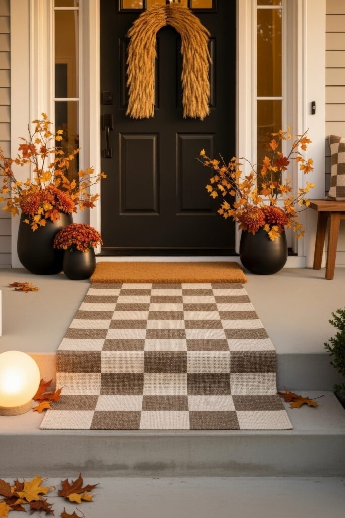 Cozy Entry Glow: Fall Porch Ideas to Try 6 Front entryway with a black door, wheat wreath, orange mums, and a checkered rug surrounded by fall leaves.
