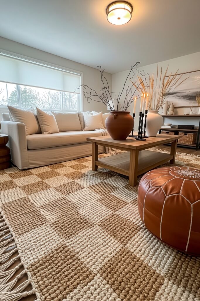 Fresh farmhouse fall decor Ideas for a Cozy, Modern Home 6 Cozy living room with a checkered rug, leather pouf, white sofa, and wooden coffee table decorated with candles and pottery, featuring subtle farmhouse fall decor accents.