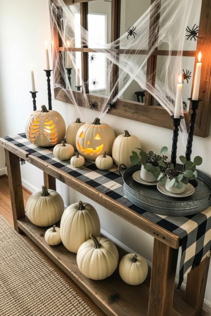 Chic Farmhouse Halloween: 13 Cozy, Stylish Decor Ideas 5 Console table with carved white pumpkins, plaid runner, tall black candlesticks, faux cobwebs, and spider decorations creating a spooky Halloween vignette.