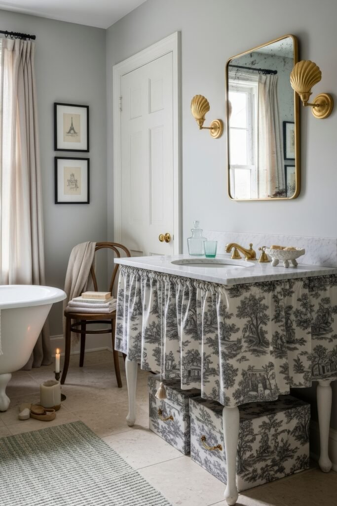 Elegant Ways to Layer french vintage bathroom décor 6 Chic bathroom with gray walls, toile-patterned vanity skirt, clawfoot tub, and gold accents, styled with books, candles, and framed art.