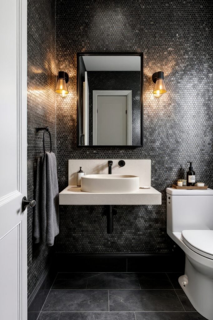 Half Bathroom Decor, Elevated: Jewel-Box Ideas 6 Bold bathroom design with black penny tile walls, modern sconces, floating stone sink, and minimalist accessories.