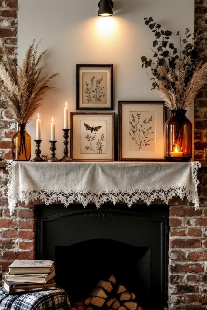 Spooky-Chic Halloween Fireplace Décor: Stylish Mantel Ideas 5 A rustic brick fireplace with a lace-draped mantel styled with vintage botanical prints, amber vases of dried grasses, and glowing candles for a cozy seasonal display.