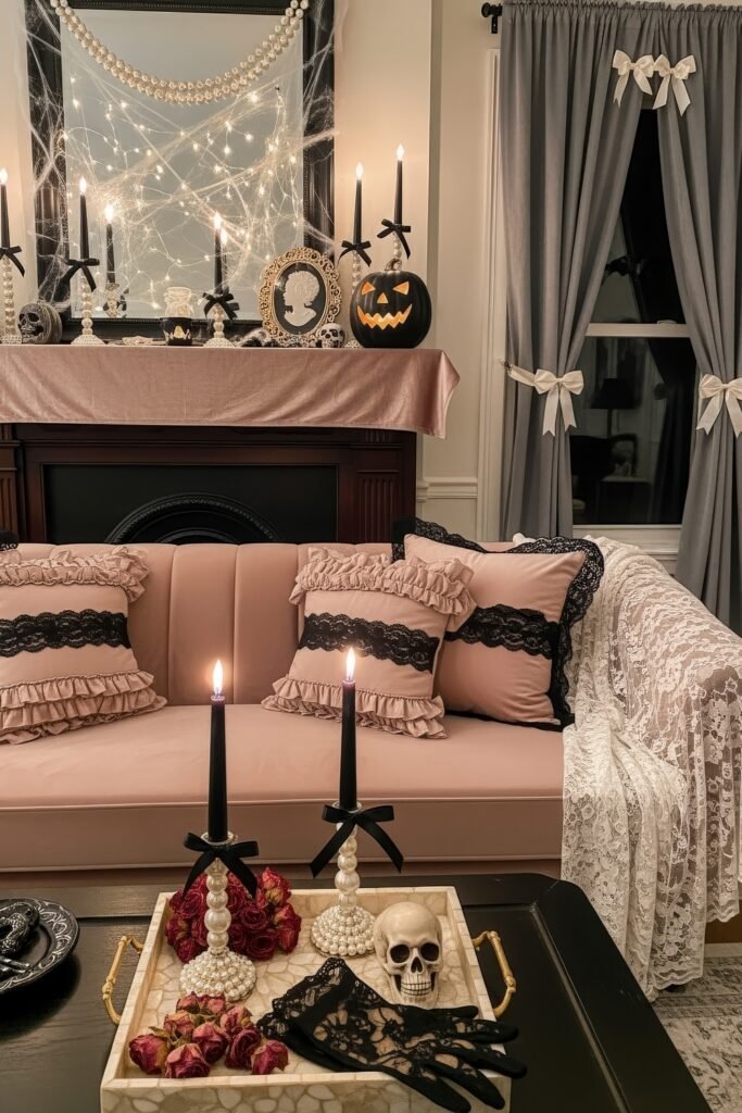 Spooky-Chic Magic: halloween home décor Ideas You’ll Love 7 Glamorous pink and black living room styled with lace, pearls, skulls, roses, and a glowing jack-o’-lantern for a Spooky-Chic Halloween Home.