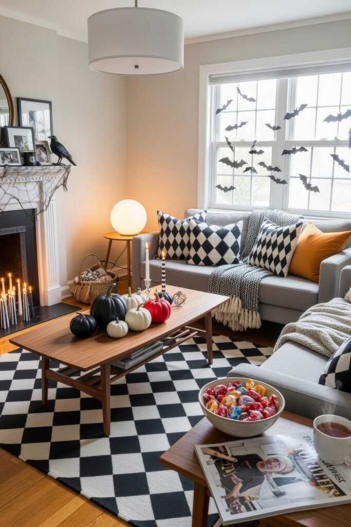Stylish halloween living room Ideas: 15 Fresh Styles 6 Bright halloween living room styled with black, white, and red pumpkins, bat window decals, and geometric patterned pillows.
