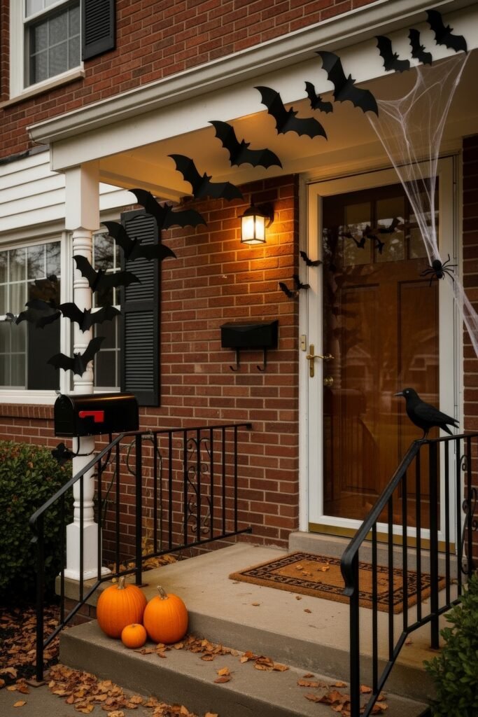 Spooky-Chic halloween porch ideas for Instant Curb Appeal 6 Brick house porch decorated with black bats, pumpkins, cobwebs, and a raven perched on the railing.