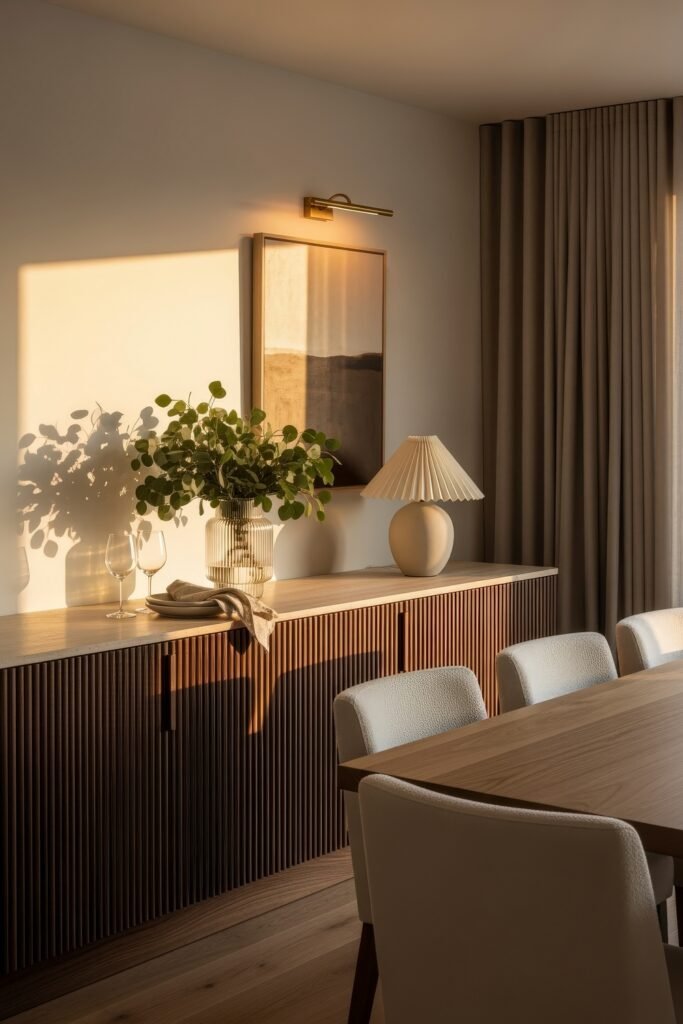 Ideas to Nail a Luxury Apartment Aesthetic 5 Refined dining area with a long wooden sideboard, pleated lamp, framed artwork, and a vase of fresh greenery, illuminated by evening sunlight for a calm luxury apartment aesthetic.