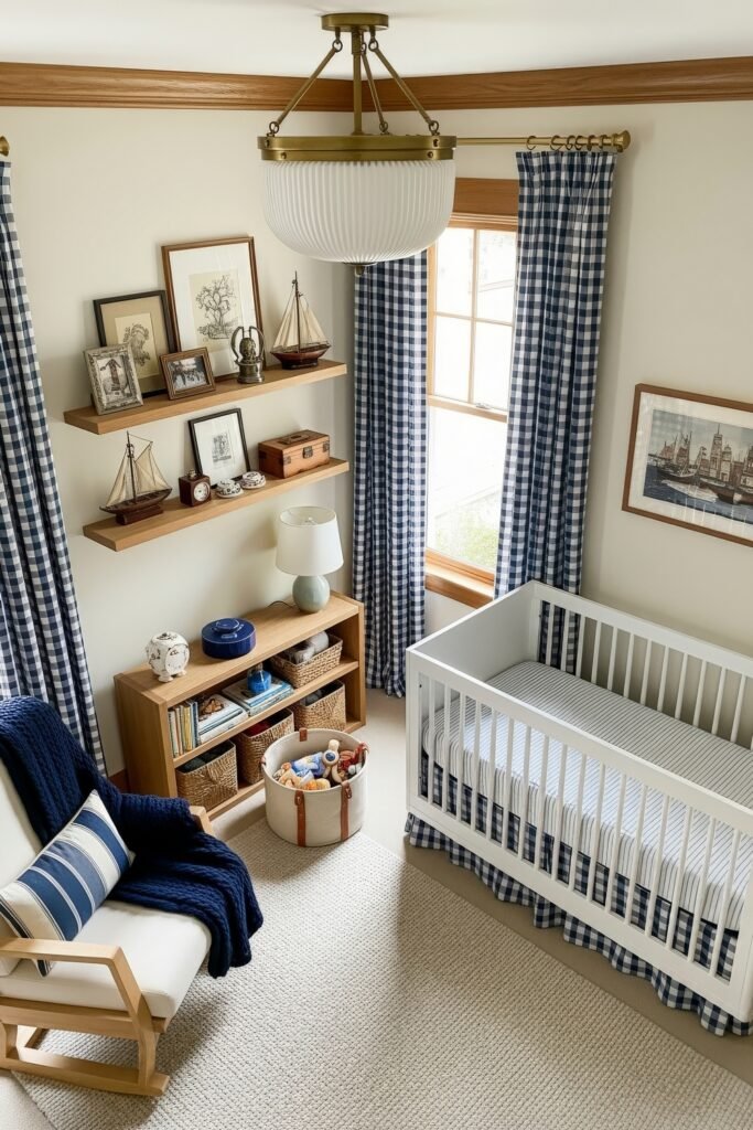 Fresh nautical nursery ideas for a calm, stylish baby room 6 Nautical nursery with a white crib, navy blue plaid curtains, sailboat models, and maritime artwork for a classic seaside feel.