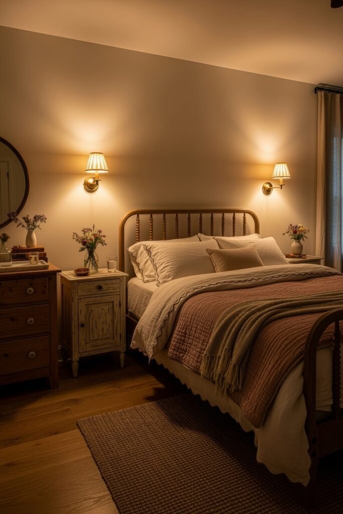 Sweet Ideas for a Romantic Cozy Farmhouse Bedroom 5 Intimate cozy bedroom softly lit by wall sconces, with a spindle bed dressed in layered blankets and vintage nightstands adorned with flowers.