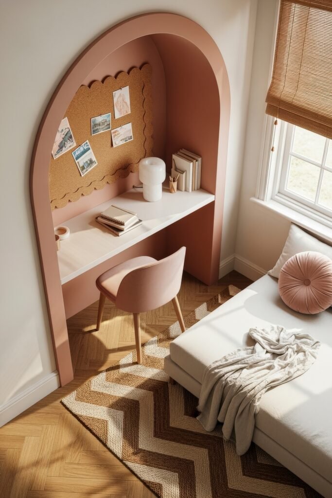 Small Bedroom Office Combo Ideas That Actually Look Chic 7 Playful bedroom nook with a blush pink arched desk alcove, corkboard, velvet chair, and cozy bed with a round cushion.