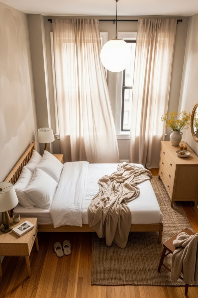 Small Bedroom Style Ideas: 15 Chic Looks That Work 7 Airy neutral small bedroom with light wood furniture, sheer curtains, and casual, softly rumpled bedding.