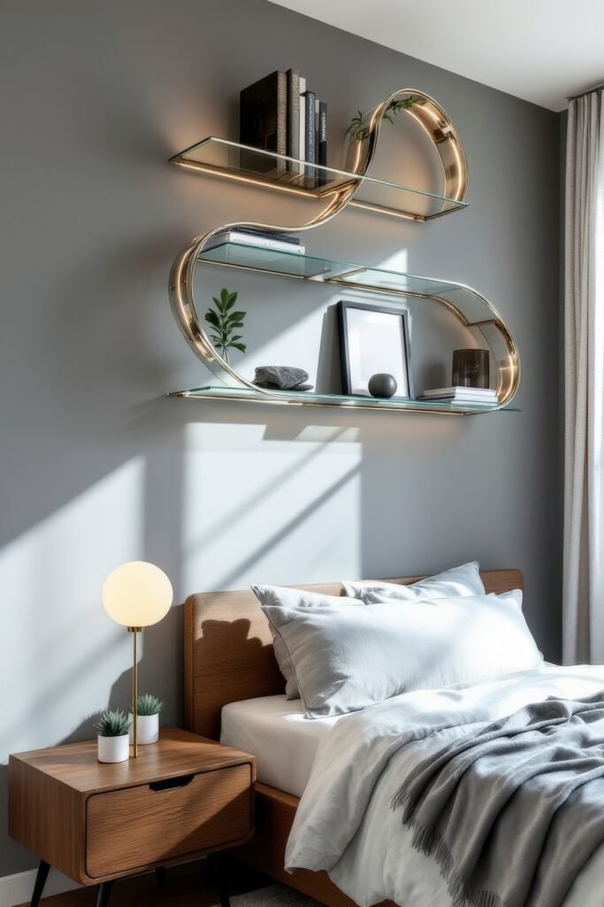 Smart, Stylish Storage Ideas for Small Bedrooms 6 Modern bedroom with curved glass and gold wall shelves displaying books, plants, and decor above a wooden nightstand with a globe lamp.