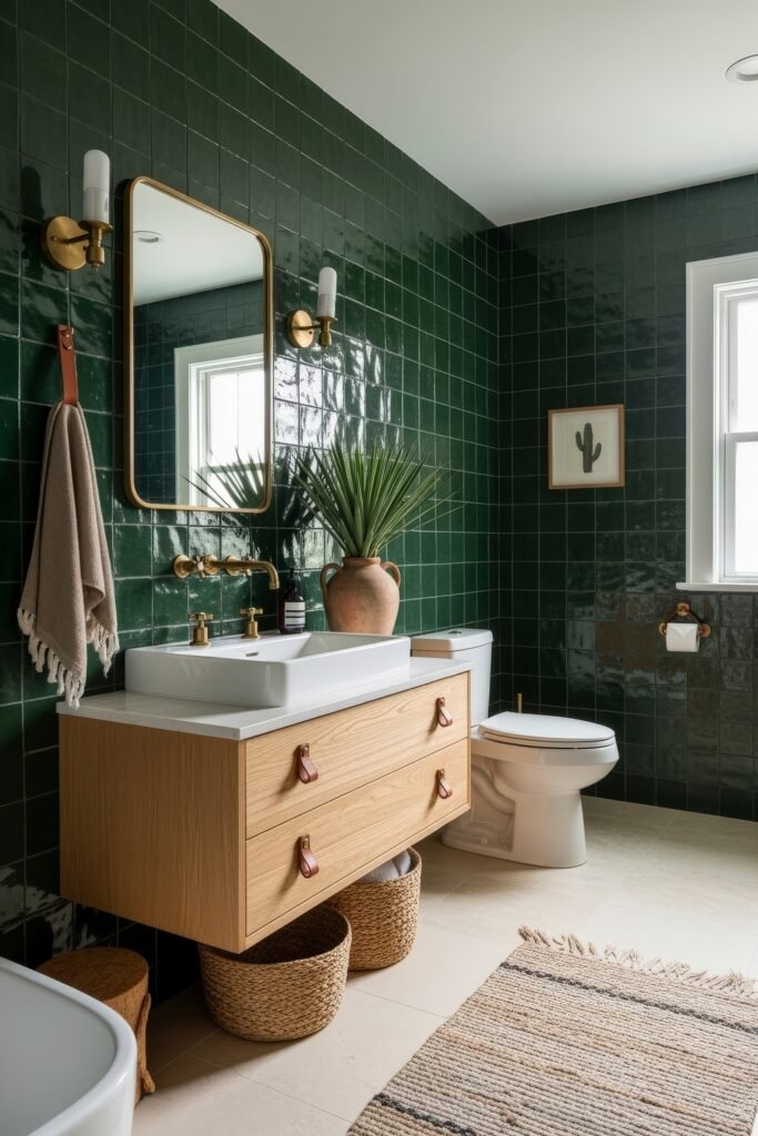 Desert-Modern Magic: Western Bathroom Decor Ideas 6 Modern bathroom with glossy green tiled walls, wood vanity, brass fixtures, woven baskets, and cactus artwork giving a bold western bathroom decor vibe.