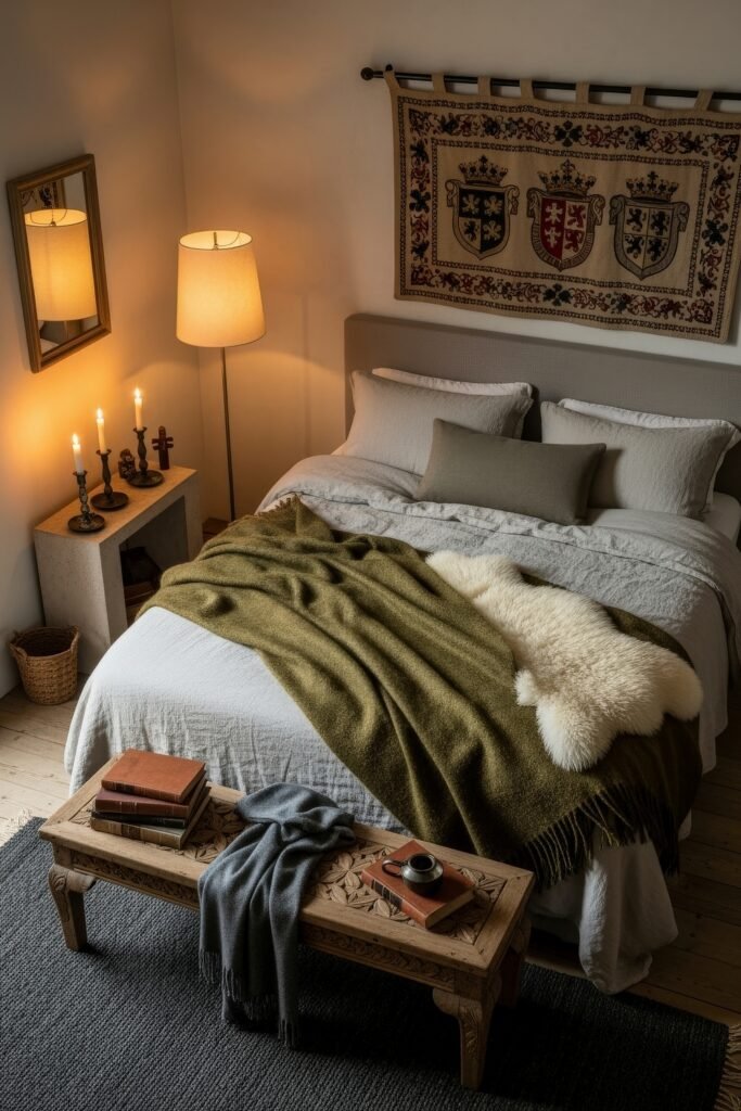 Chic Ideas for Aesthetic Apartment Decor That Feels Effortless 7 Bedroom with layered neutral bedding, olive throw, faux fur accent, and carved wood bench at the foot of the bed, softly lit by candles and a floor lamp.