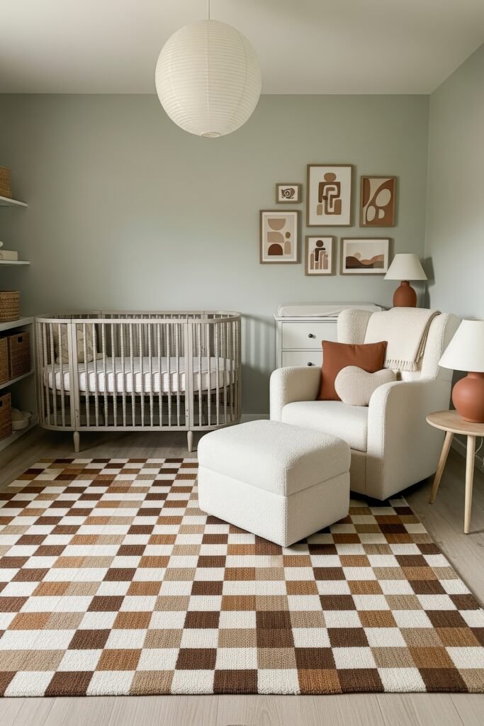 Dreamy Nursery Bedrooms: Baby Nursery Ideas for Boy 5 Contemporary nursery with sage green walls, geometric wall art, rounded crib, and cozy seating accented by earthy tones and a checkered rug.