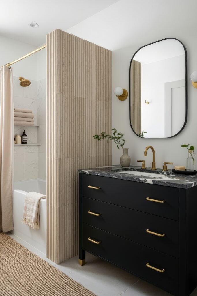 Black and Gold Bathroom Decor Ideas for Luxe Everyday Calm 7 Bathroom with a black vanity, marble countertop, gold faucet, and fluted partition wall separating the bathtub, combining luxury with minimalism.