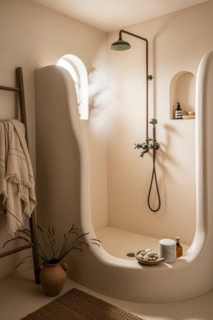 Fresh Ways to Layer Boho Bathroom Decor 7 Light-toned stucco shower with arched window, brass fixtures, and natural accents creating soft boho bathroom decor.