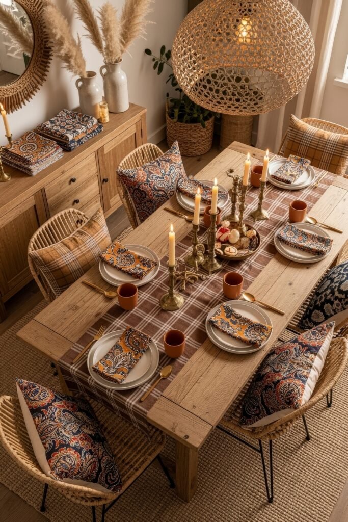 Cozy Boho Fall Decor: Ideas for Warm, Collected Style 7 Dining room decorated with plaid table linens, brass candlesticks, paisley napkins, and pampas grass arrangements, creating a layered fall-inspired tablescape.