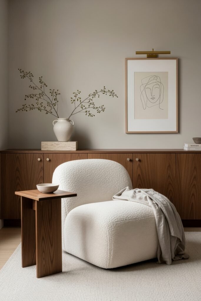 Chic Ideas for a Brown Apartment Aesthetic 6 Elegant corner with a low, curved boucle lounge chair and warm wood furniture, backed by clean cabinetry and line-art wall décor, capturing a minimalist aesthetic apartment decor.