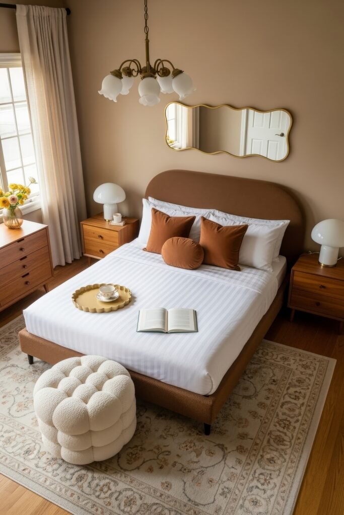 Soft & Stylish: Cozy Bedroom Ideas for an Effortless Retreat 7 Bright bedroom with brown upholstered bed frame, white striped bedding, rust throw pillows, gold tray with teacup, and an open book at the foot of the bed.