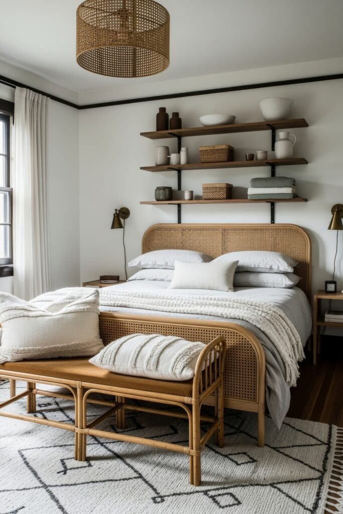 Dreamy Ways to Style a Cozy Boho Bedroom 7 Stylish bedroom with minimalist boho touches, featuring a cane headboard and bench, white bedding with textured pillows and throw, wooden floating shelves with ceramics and baskets, and natural lighting enhancing the cozy atmosphere.