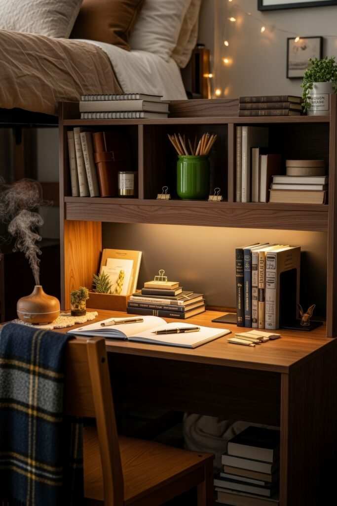 Dorm desk organization ideas for a chic glow-up 5 Warm-toned dorm desk featuring books, pencils in a green holder, string lights, and a diffuser beside an inviting bed.
