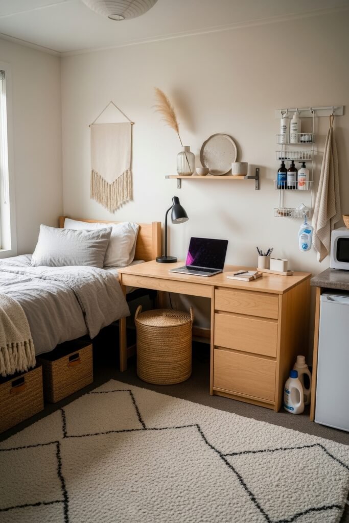 Dorm Room Ideas for Guys That Feel Grown 5 Simple modern dorm setup with a gray bedspread, light wood desk holding a laptop and lamp, hanging wall art, floating shelf with decor, and storage baskets beneath.