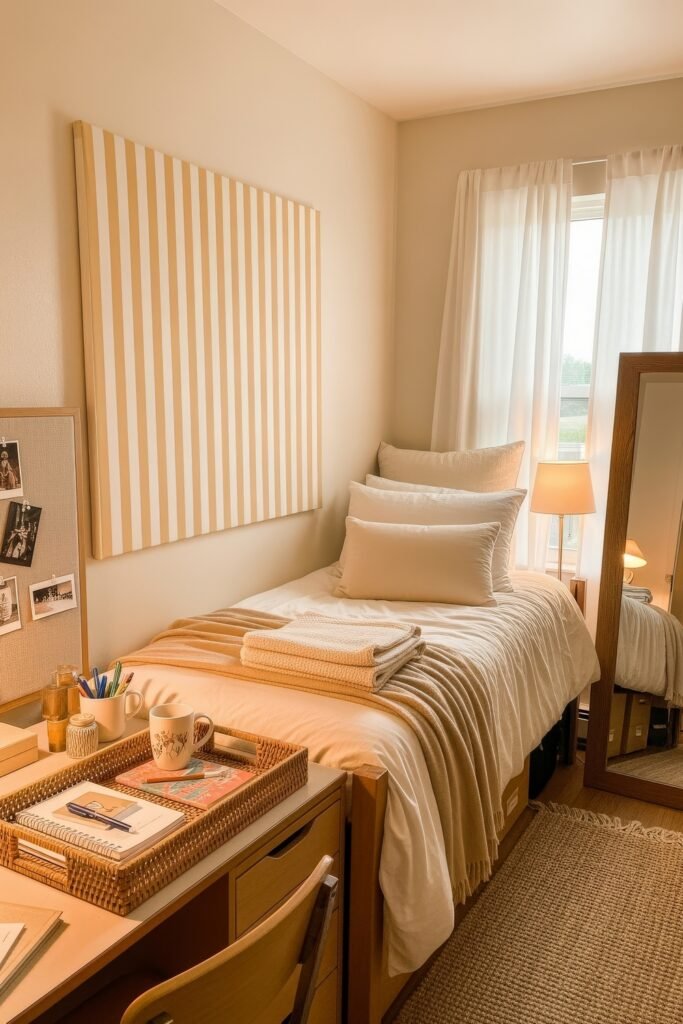 Trend-Forward dorm wall décor Ideas 6 Minimalist dorm space with beige striped wall art, neatly folded linens on the bed, a tidy desk with supplies, and a large floor mirror reflecting light.