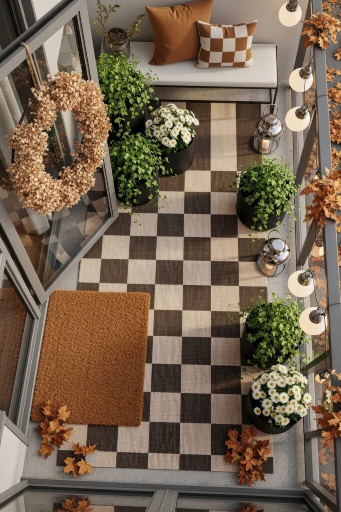 Cozy Entry Glow: Fall Porch Ideas to Try 7 Balcony styled with checkered rug, black planters of greenery, cozy pillows, lanterns, and a natural wreath on the glass door.