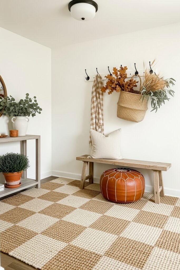 Fresh farmhouse fall decor Ideas for a Cozy, Modern Home 7 Entryway with a wooden bench, leather pouf, checkered rug, and woven basket filled with autumn leaves and wheat stems, styled with farmhouse fall decor touches.