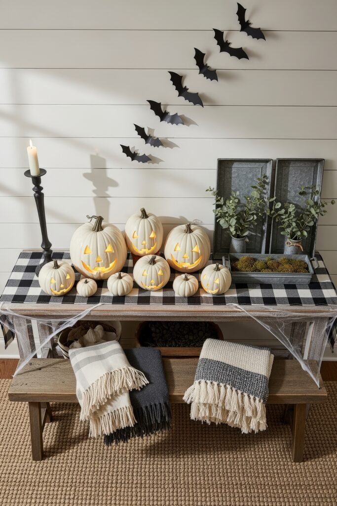 Chic Farmhouse Halloween: 13 Cozy, Stylish Decor Ideas 6 Festive display of glowing jack-o’-lanterns on a plaid runner with wall-mounted bat cutouts, candlesticks, and cozy throw blankets styled for farmhouse Halloween.