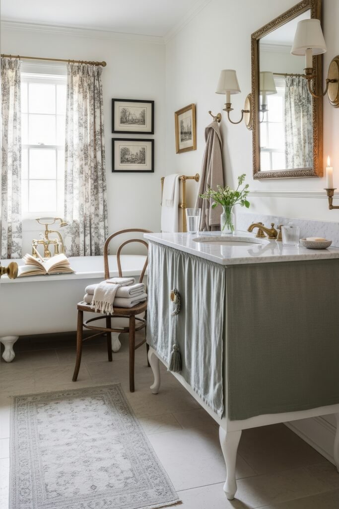 Elegant Ways to Layer french vintage bathroom décor 7 Bright bathroom with soft green vanity skirt, clawfoot tub, gold fixtures, and botanical accents, styled in a refined french vintage bathroom décor.