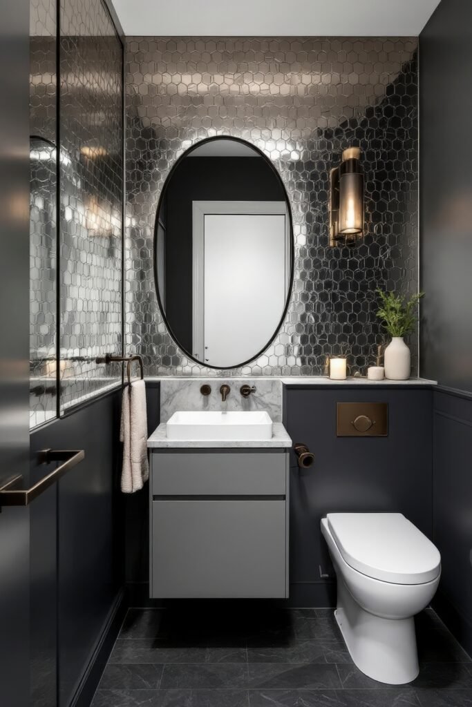 Half Bathroom Decor, Elevated: Jewel-Box Ideas 7 Sleek half bathroom with metallic hexagon tile backsplash, oval mirror, gray vanity, and ambient lighting.