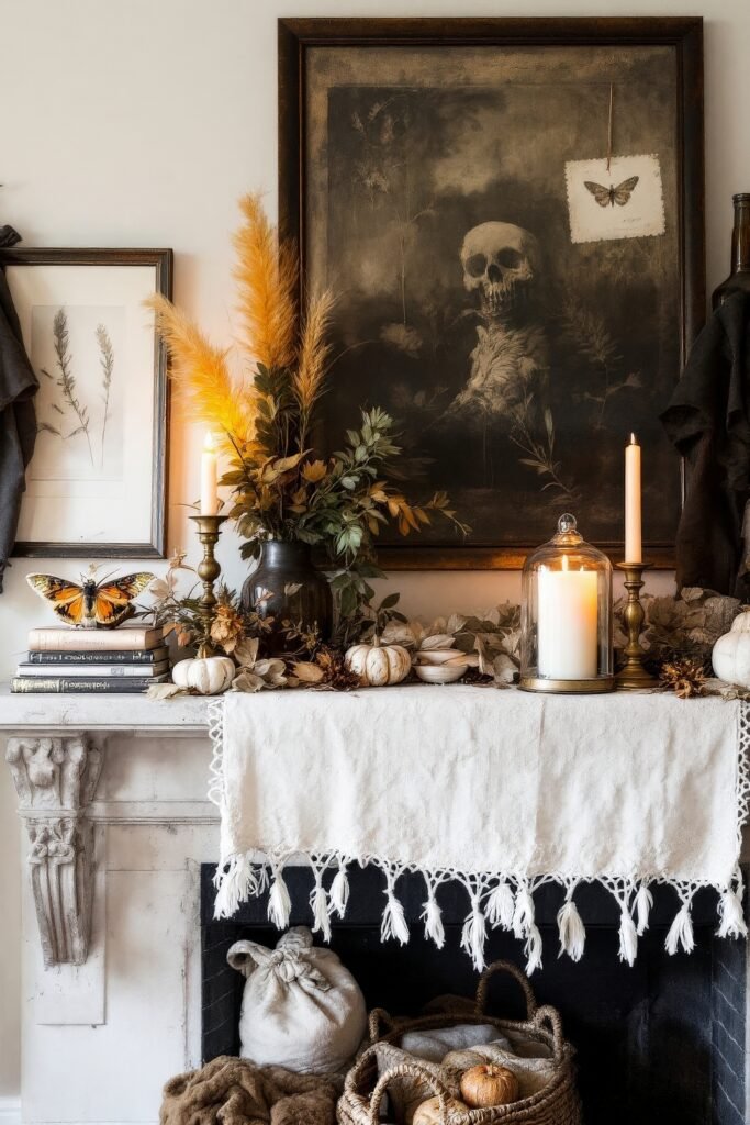 Spooky-Chic Halloween Fireplace Décor: Stylish Mantel Ideas 6 A weathered white fireplace with a skull artwork above, decorated with small pumpkins, dried leaves, brass candlesticks, and a butterfly accent for an eerie Halloween vignette.