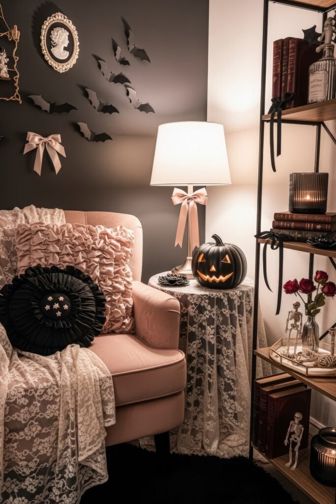 Spooky-Chic Magic: halloween home décor Ideas You’ll Love 8 Intimate sitting corner with lace-draped furniture, a black pumpkin lantern, roses, and bat wall décor blending gothic and romantic halloween home décor.