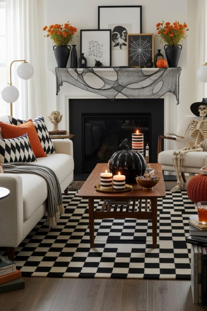Stylish halloween living room Ideas: 15 Fresh Styles 7 Spooky-Chic Halloween Home with striped candles, black pumpkins, orange accents, and a skeleton by the fireplace.