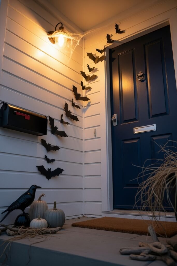 Spooky-Chic halloween porch ideas for Instant Curb Appeal 7 Minimalist Halloween entryway with black bat wall decals, gray pumpkins, a raven figure, and soft lantern light.