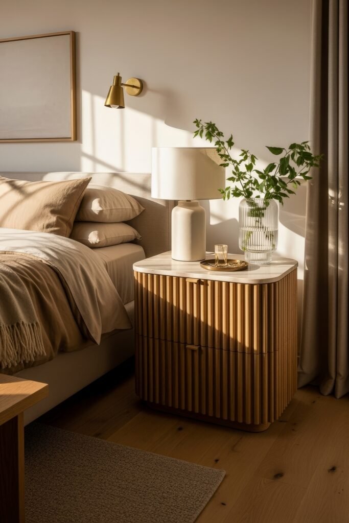 Ideas to Nail a Luxury Apartment Aesthetic 6 Bedroom interior with layered beige bedding, ribbed wooden nightstand, ceramic lamp, and a clear vase of greenery, styled with golden wall lighting.