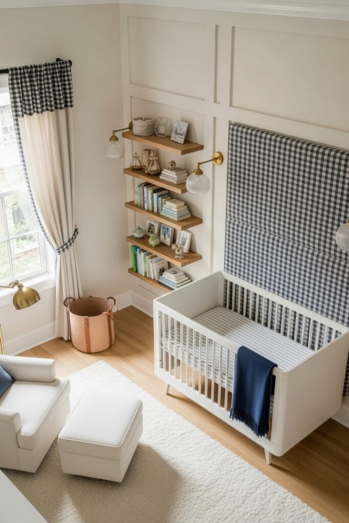 Fresh nautical nursery ideas for a calm, stylish baby room 7 Cozy nursery with a white crib, plaid wall accents, gold sconces, and wooden shelves styled with books and nautical details.