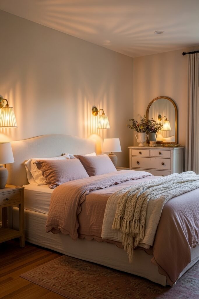 Sweet Ideas for a Romantic Cozy Farmhouse Bedroom 6 Warm cozy bedroom with blush bedding, scalloped details, a white upholstered headboard, and a dresser with a gold mirror and floral arrangement.