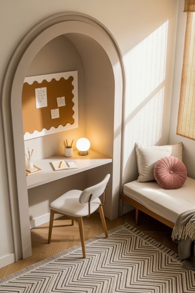 Small Bedroom Office Combo Ideas That Actually Look Chic 8 Soft neutral bedroom corner with a taupe arched desk nook, corkboard, white chair, and daybed with a blush cushion.
