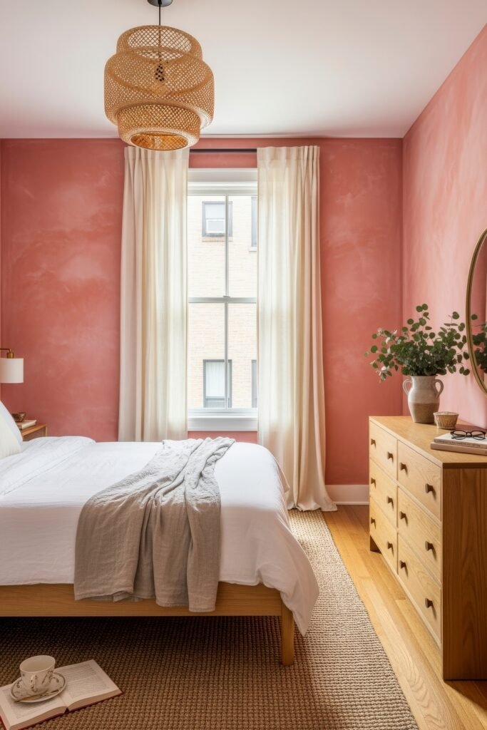 Small Bedroom Style Ideas: 15 Chic Looks That Work 8 Coral-walled small bedroom with white bedding, light wood dresser, and natural textures for a fresh, warm look.