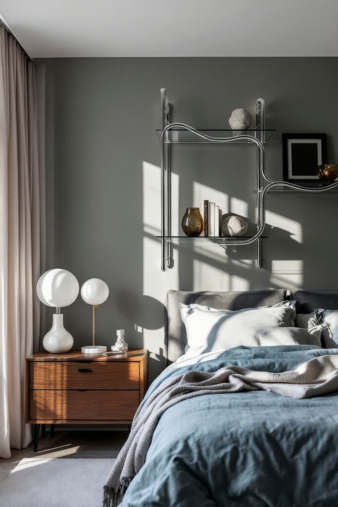 Smart, Stylish Storage Ideas for Small Bedrooms 7 Contemporary bedroom with sleek chrome and glass wall shelves holding books and sculptural pieces, next to a wooden nightstand with modern white lamps.