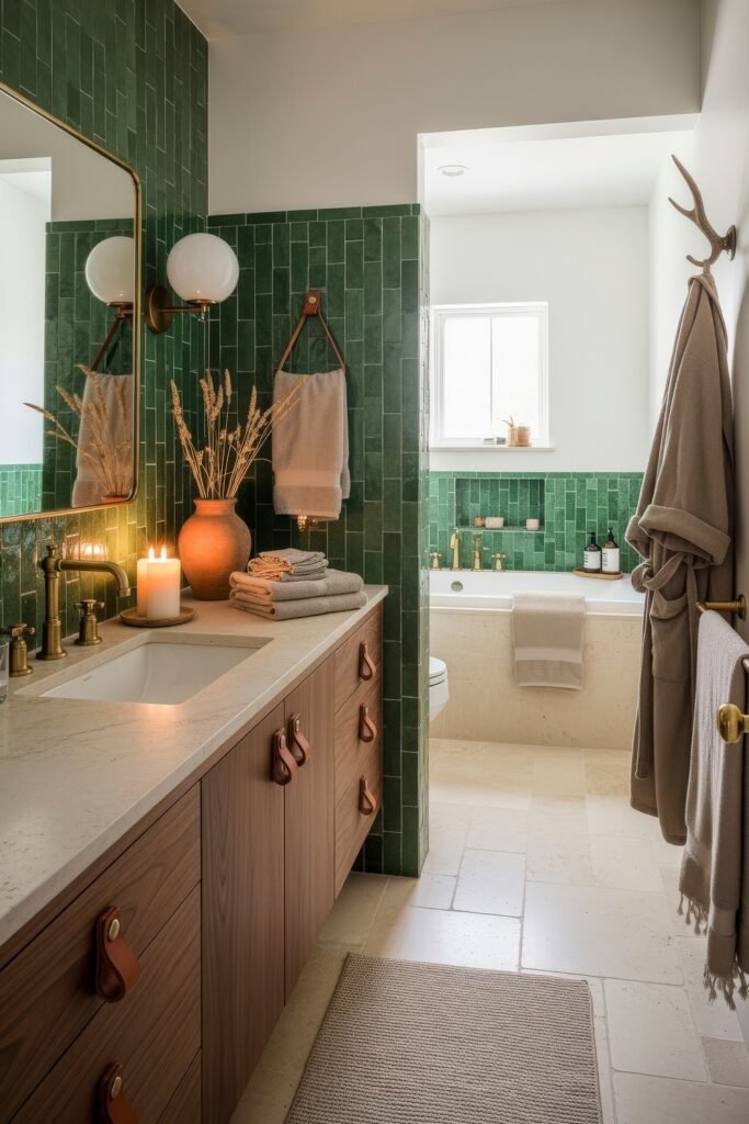 Desert-Modern Magic: Western Bathroom Decor Ideas 7 Bathroom with tall green tiles, wooden vanity with leather pulls, gold accents, pottery, and candles adding warm Bathroom Decor Inspo.