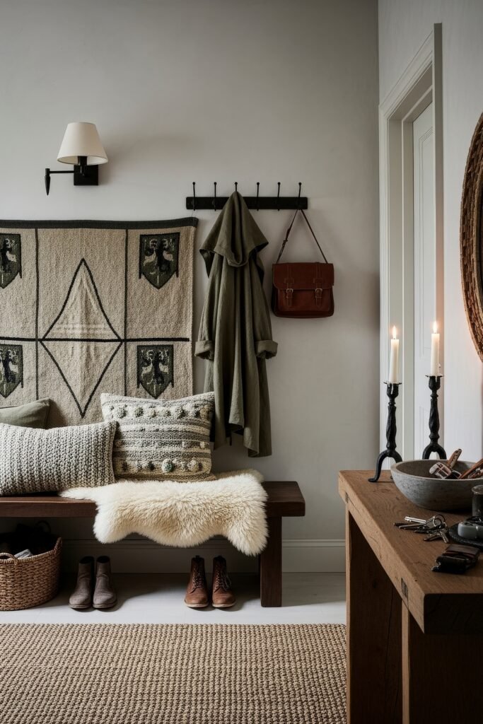 Chic Ideas for Aesthetic Apartment Decor That Feels Effortless 8 Rustic entryway with a wooden bench topped with textured pillows and fur throw, a wall tapestry, and a console table decorated with candles and a bowl of essentials.