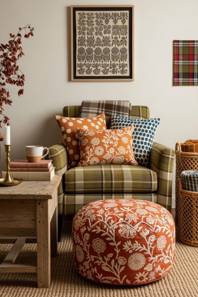 Cozy Boho Fall Decor: Ideas for Warm, Collected Style 8 Accent chair with green plaid upholstery styled with patterned throw pillows and a matching ottoman, paired with rustic fall decor elements and warm tones.