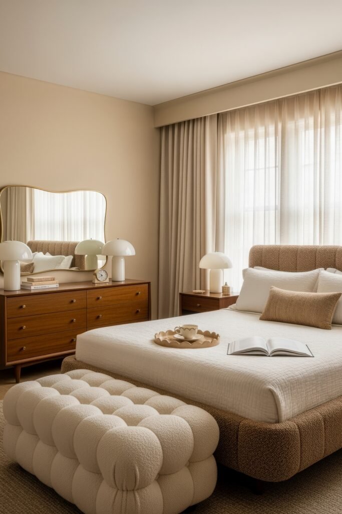 Soft & Stylish: Cozy Bedroom Ideas for an Effortless Retreat 8 Elegant mid-century-inspired bedroom with beige upholstered bed, white bedding, neutral bolster pillow, and matching wooden dressers topped with white mushroom lamps.
