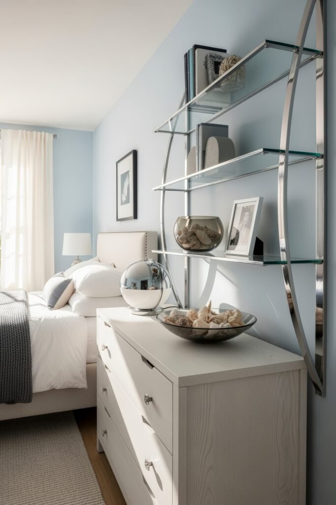 Smart, Stylish Storage Ideas for Small Bedrooms 8 Light blue bedroom with polished chrome shelving displaying books and decorative bowls, positioned above a white dresser beside a bright bed.